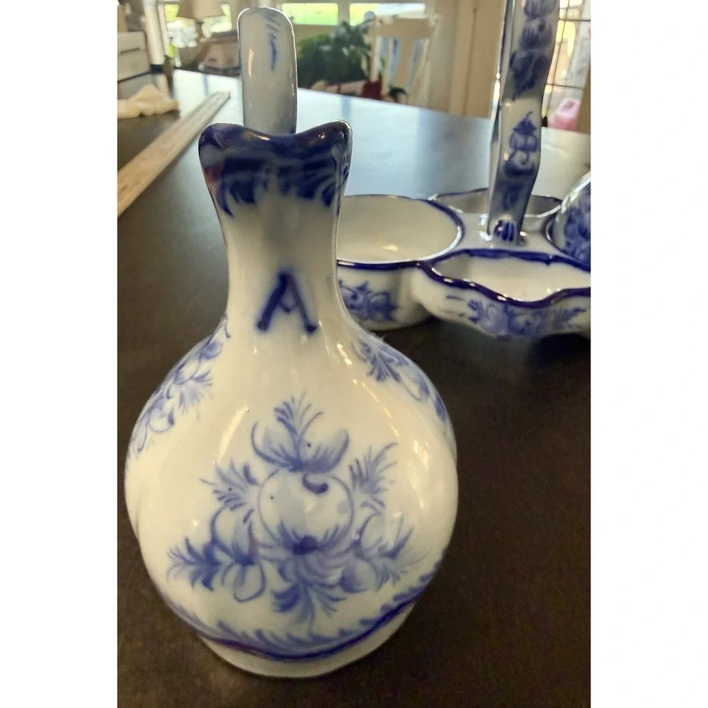 Vintage Pedros Alcobaça Portugal Blue White Cruet Set Oil Vinegar Caddy